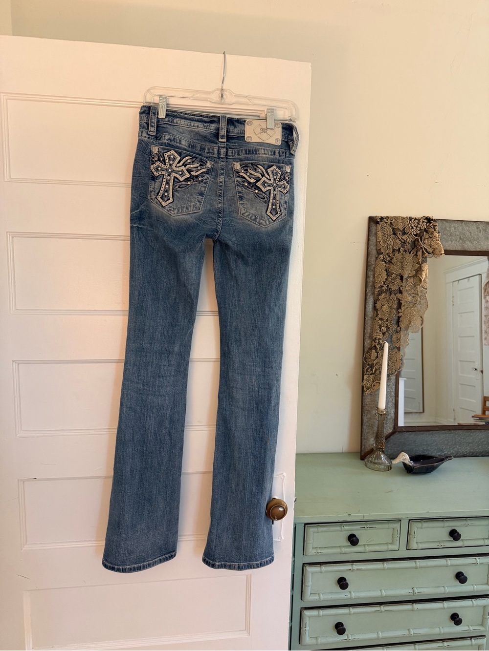 Miss Me Blue Bootcut Jeans with Embellished Cross Pockets